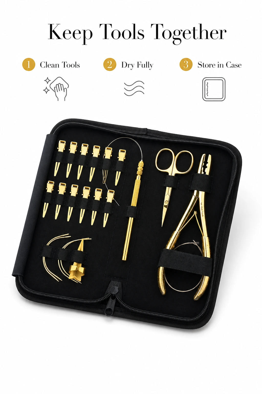 Estuche negro y sujeciones con pasos de limpieza, secado y almacenamiento
