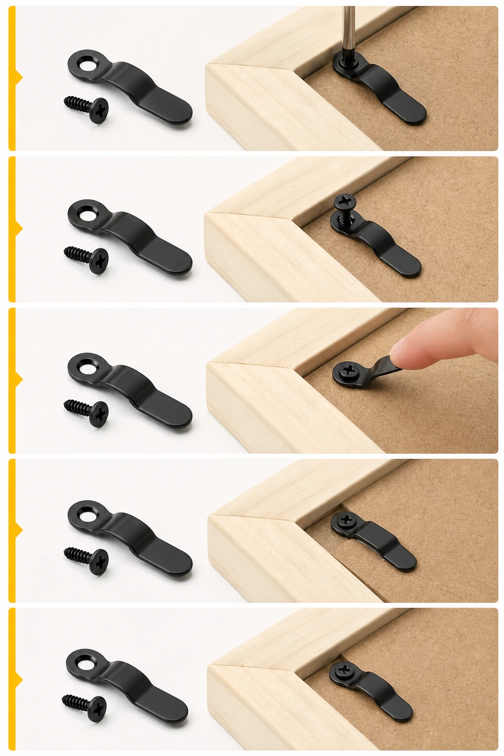 Five-panel fitting sequence showing a screw through the eyelet and the tab pivoted over picture-frame backing.