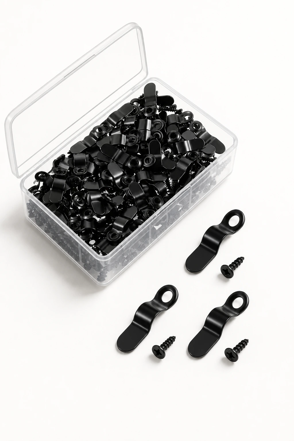 Several black turn buttons and matching screws beside a clear box.