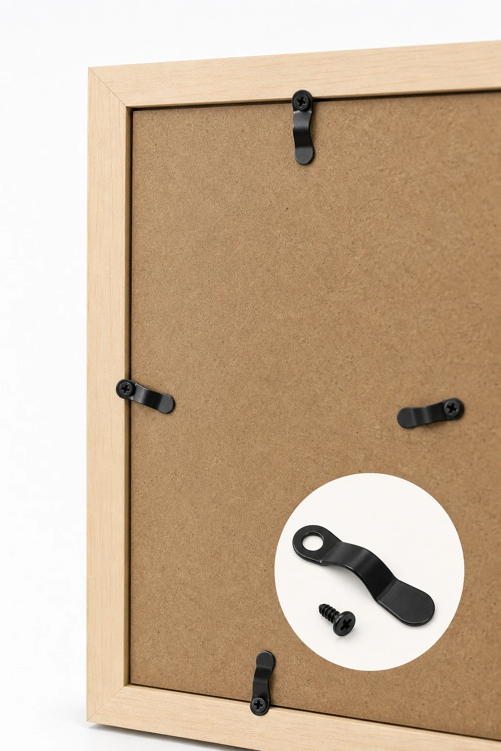 Black offset turn buttons fitted around the back of a wooden picture frame.