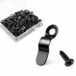 Black TORYIN frame turn button and matching screw with clear box behind on white.