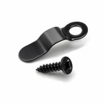 Close view of a glossy black steel turn button beside a cross-head screw.