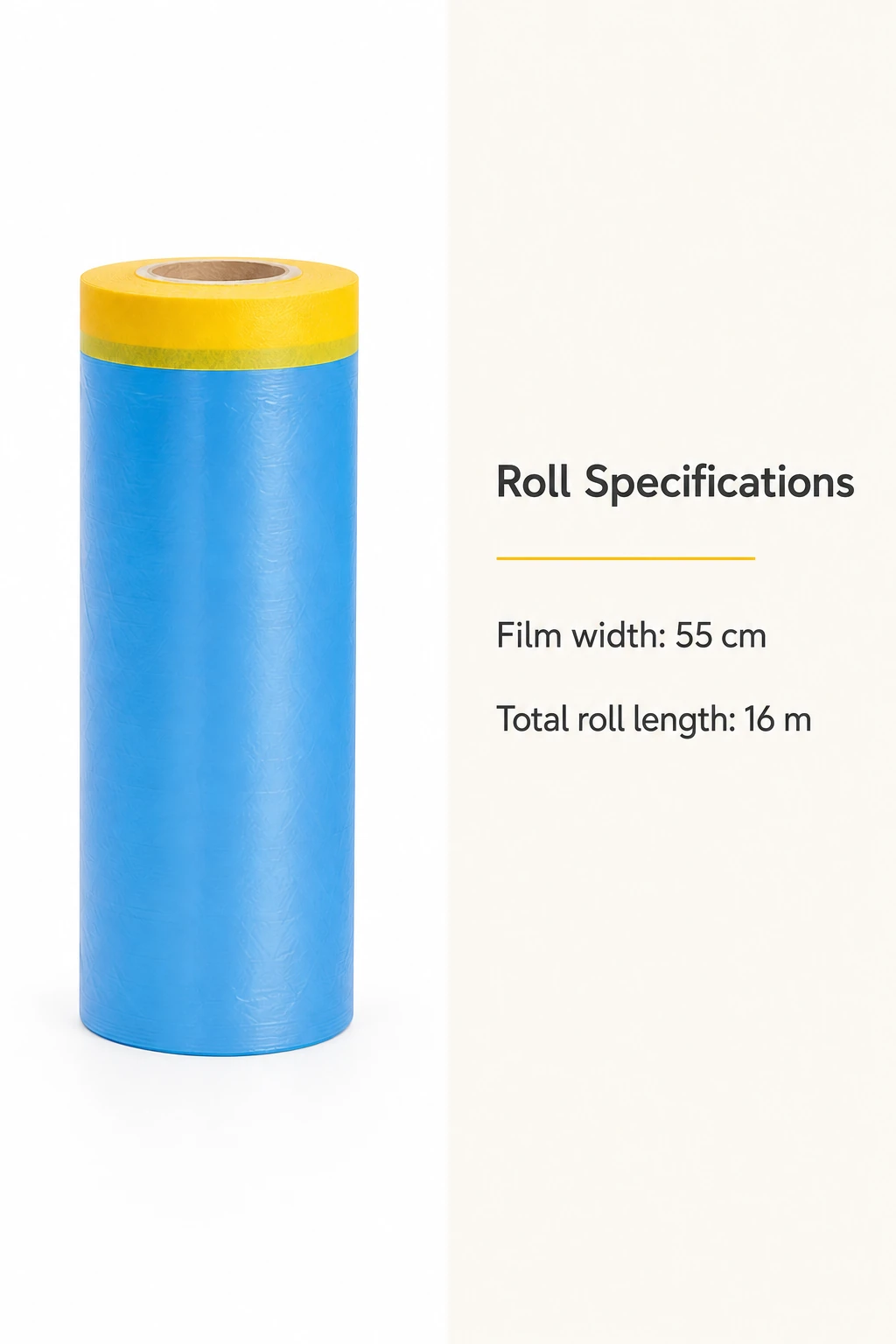 Rollo vertical de film de PE azul junto al texto «Especificaciones del rollo: ancho del film 55 cm; longitud total 16 m».