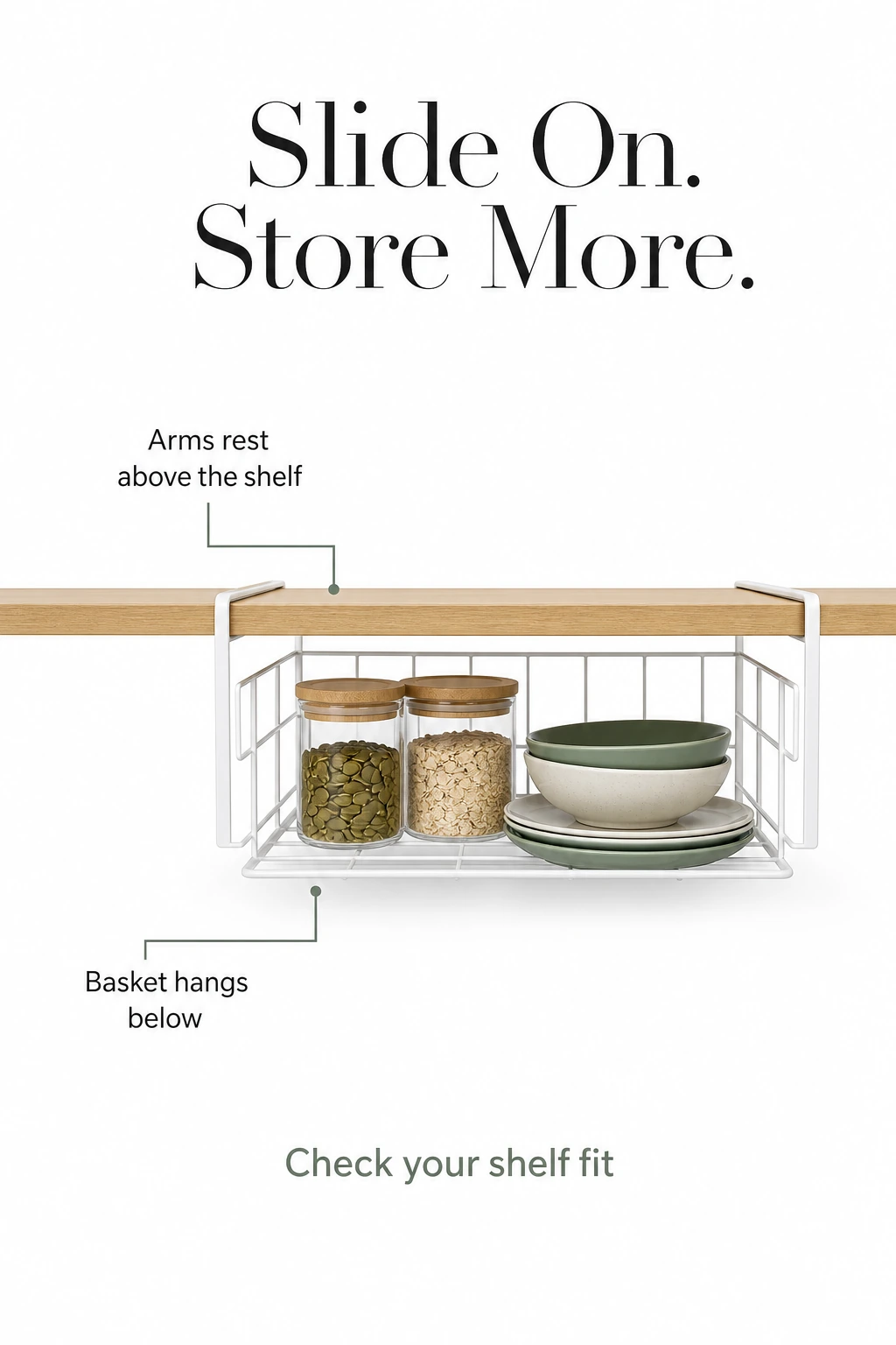 White wire basket supported beneath a wooden cabinet shelf