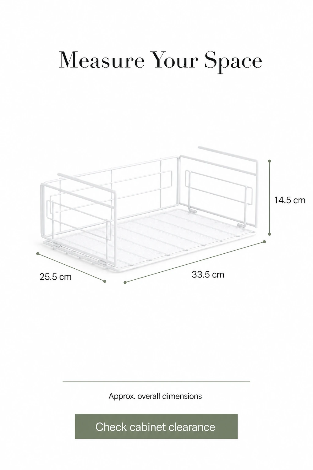 Under-shelf basket with approximate overall dimensions in centimetres