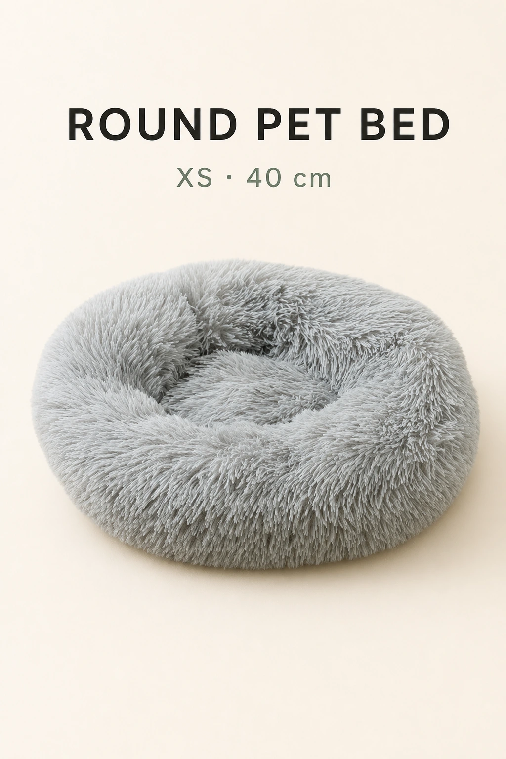 Couchage rond gris avec indication de taille XS et 40 cm