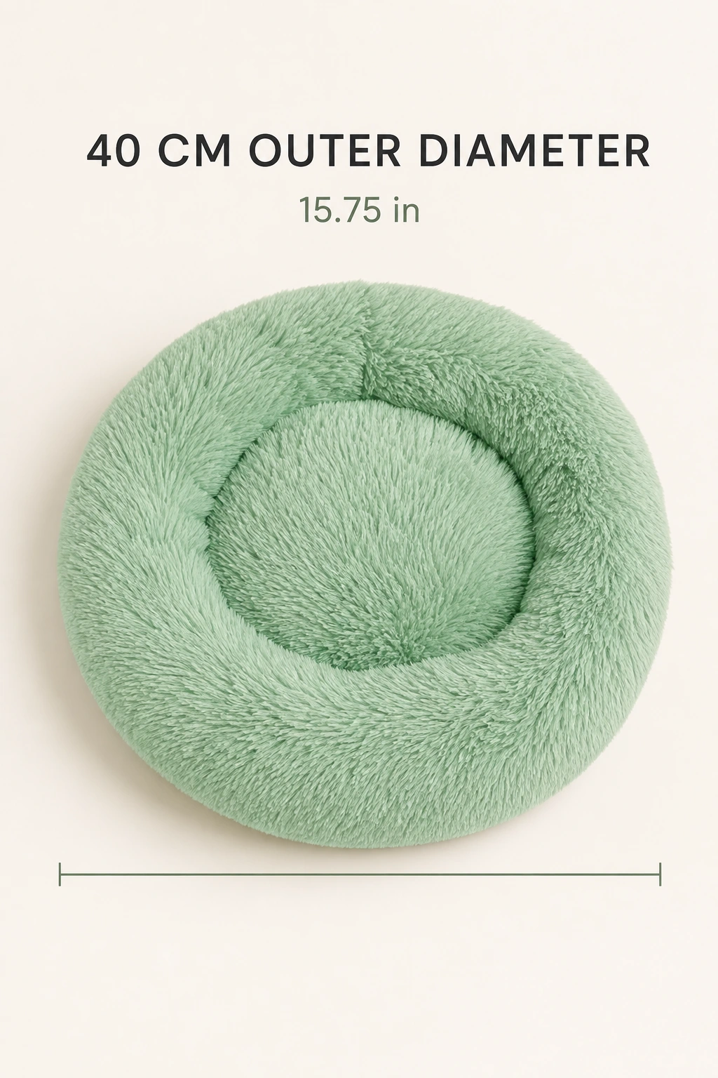 Couchage vert avec schéma du diamètre extérieur de 40 cm et conversion en pouces