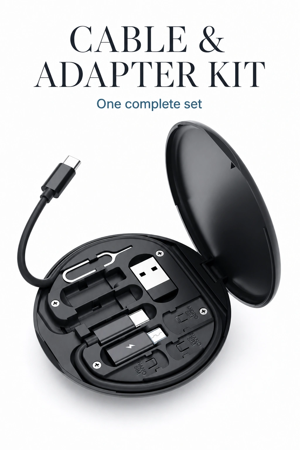 Kit organizador negro con cable y adaptadores dentro del estuche