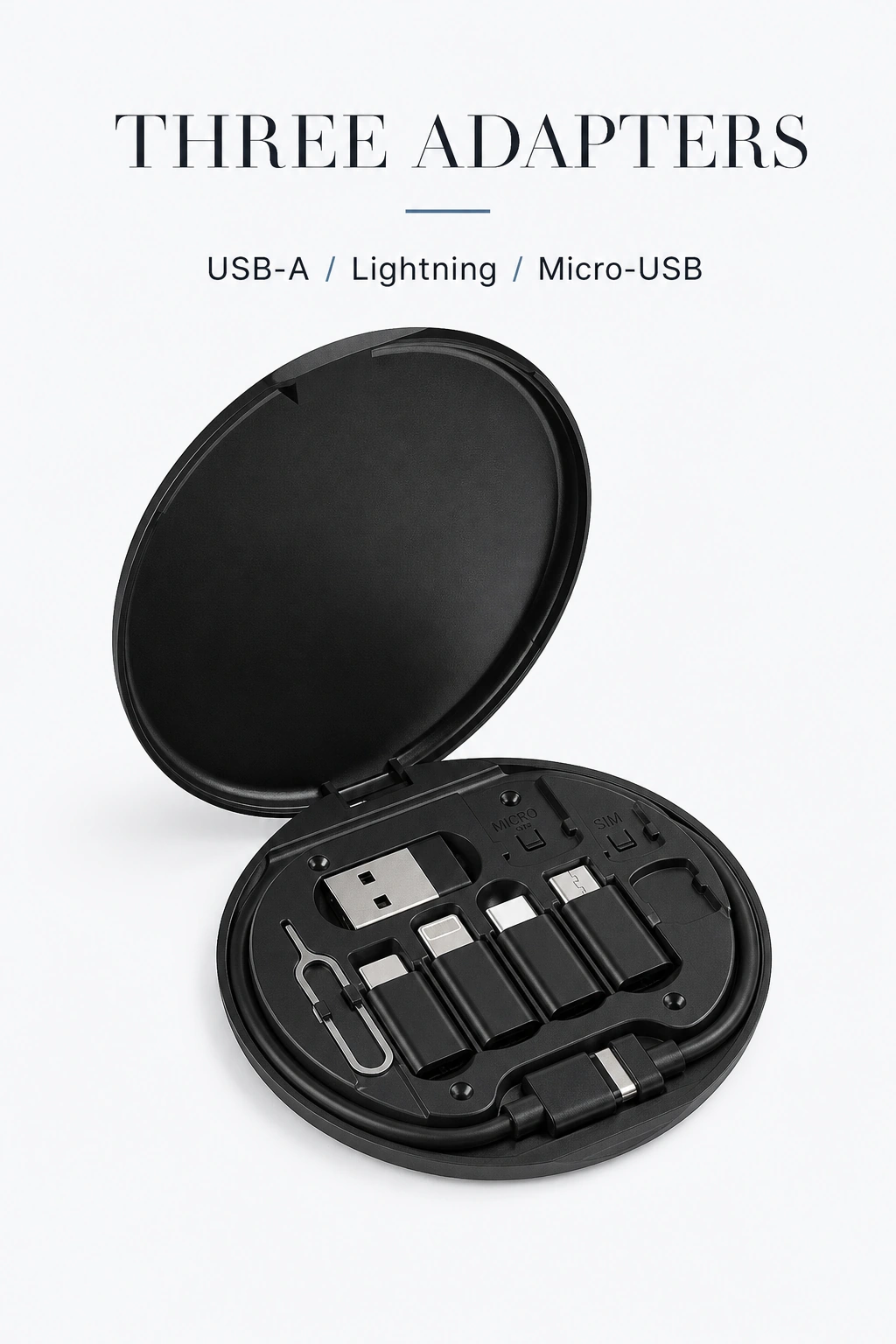 Estuche negro con adaptadores USB-A, Lightning y Micro-USB