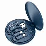 Estuche redondo azul con cable y adaptadores en su interior