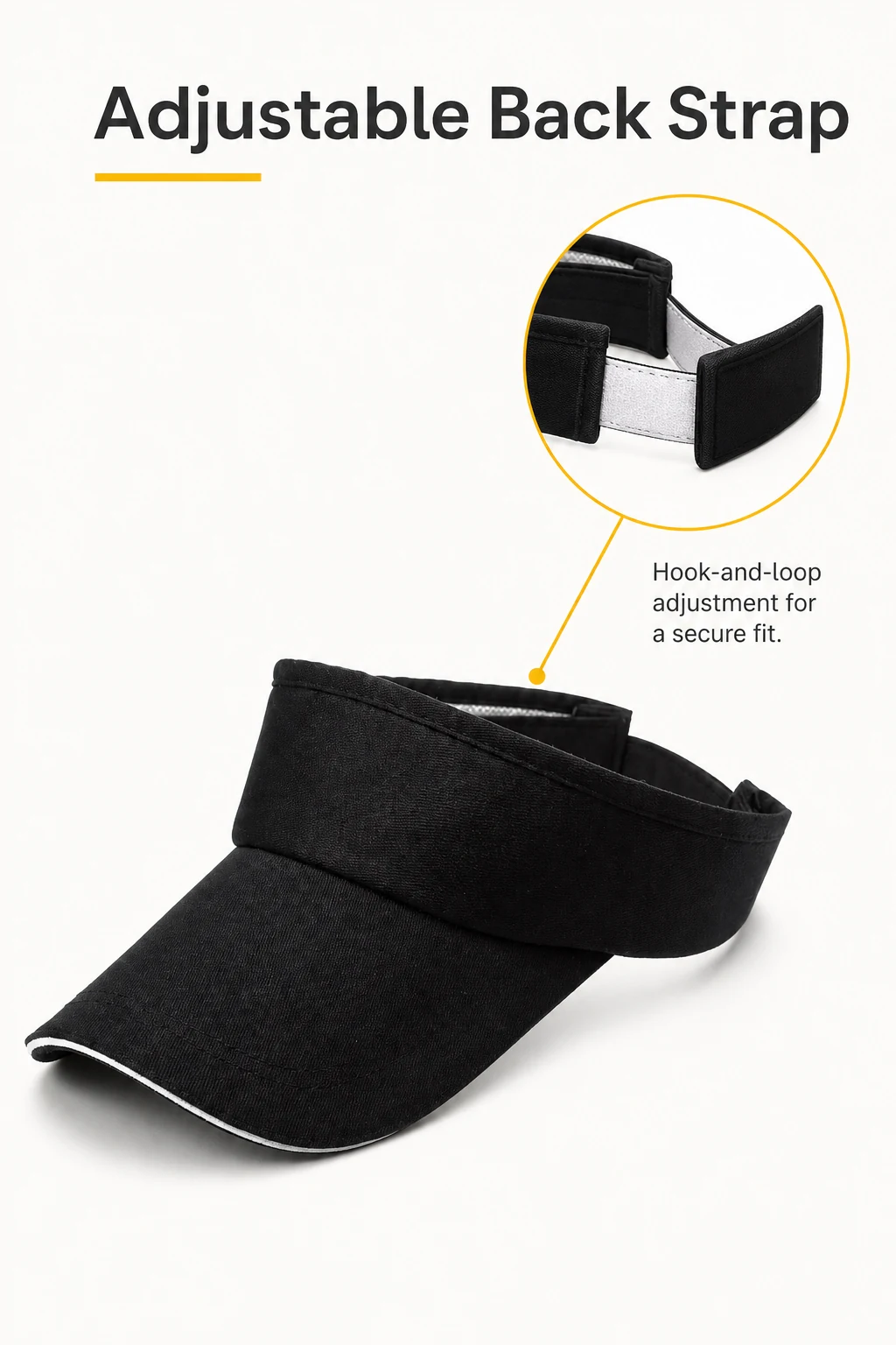 Black visor with a callout to the adjustable back strap.