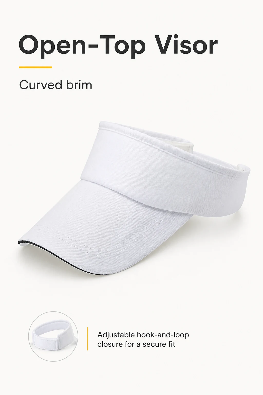 White visor with open crown, curved brim and strap inset.