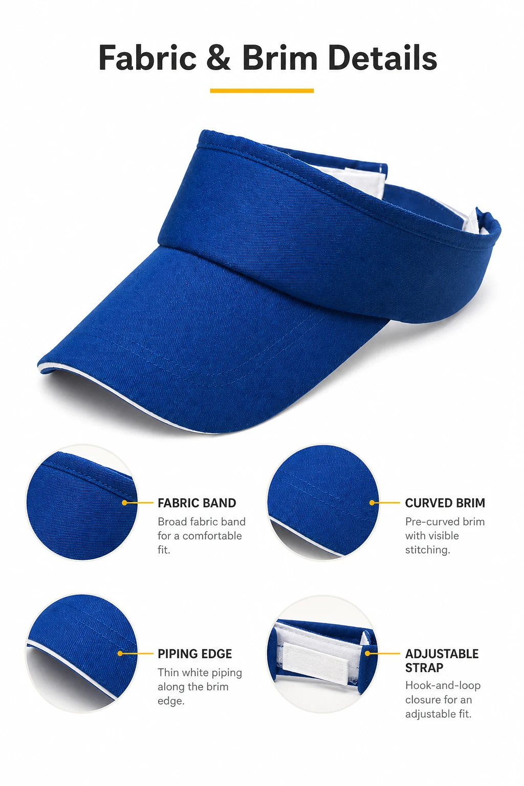 Royal blue visor with fabric band, curved brim and white piping details.
