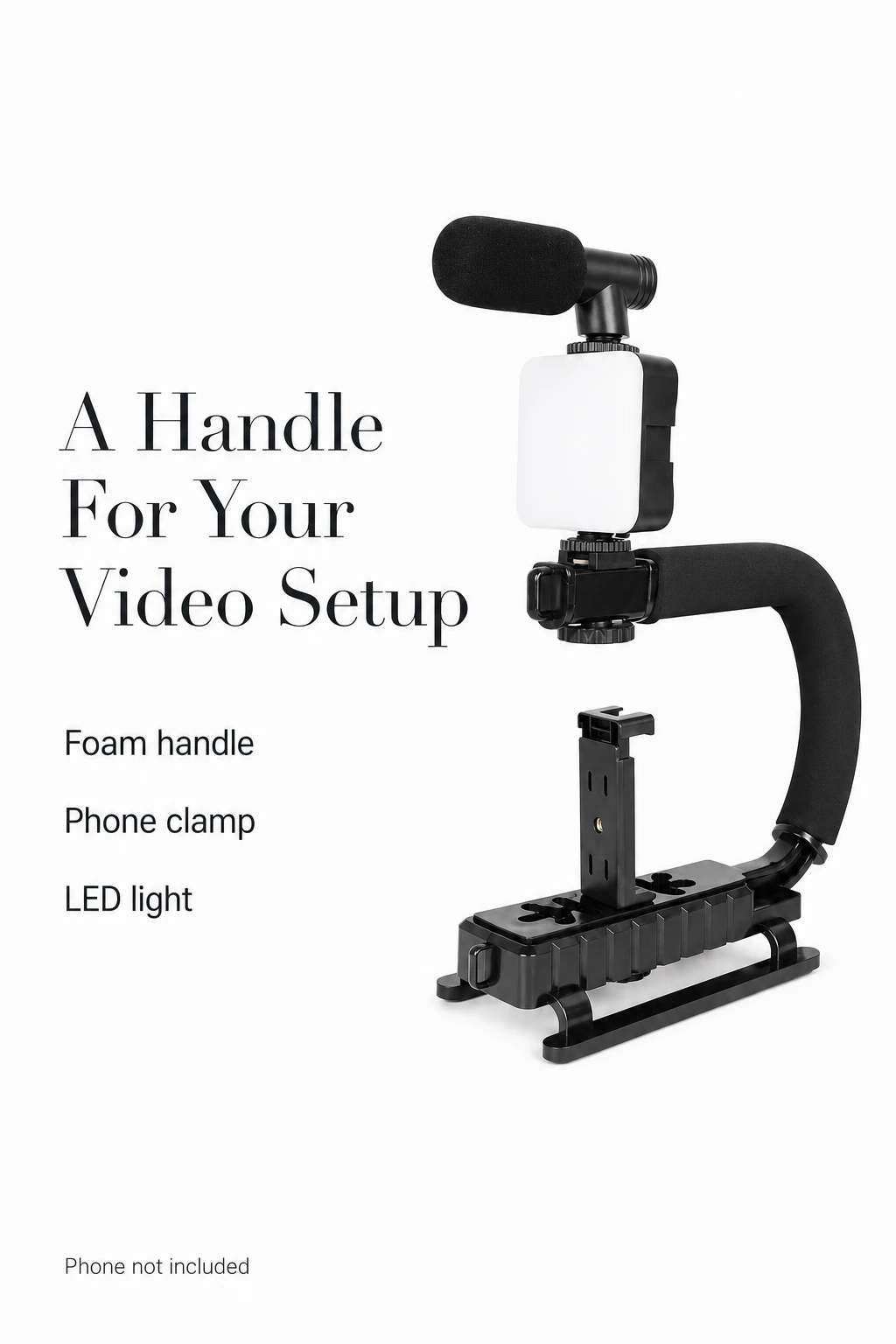 Support vidéo en U avec poignée en mousse, pince et éclairage LED