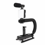 Support noir pour filmer avec smartphone, poignée courbée rembourrée, pince verticale, panneau lumineux et microphone
