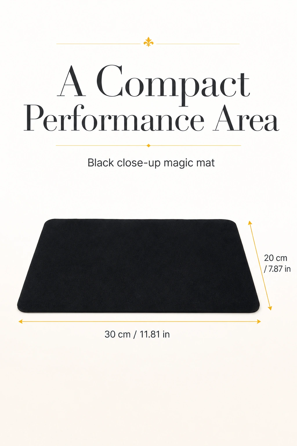 Gráfico de dimensões do tapete preto: 30 × 20 cm e conversões em polegadas
