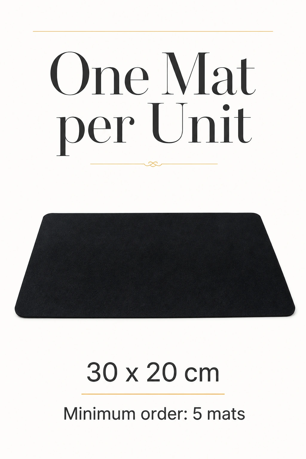 Um tapete preto por unidade, 30 × 20 cm; pedido mínimo de cinco tapetes