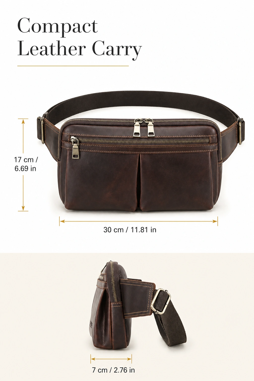 Dimension graphic for the waist bag showing 30 × 17 × 7 cm and inch conversions