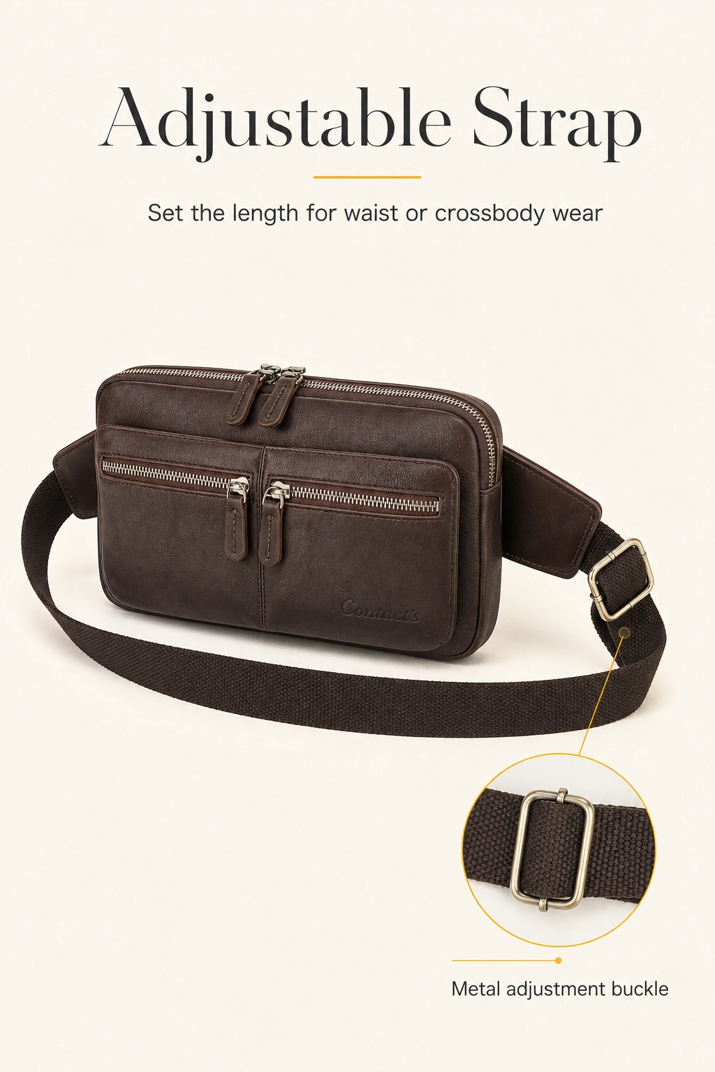 Attached waist bag strap with a close-up of its metal buckle