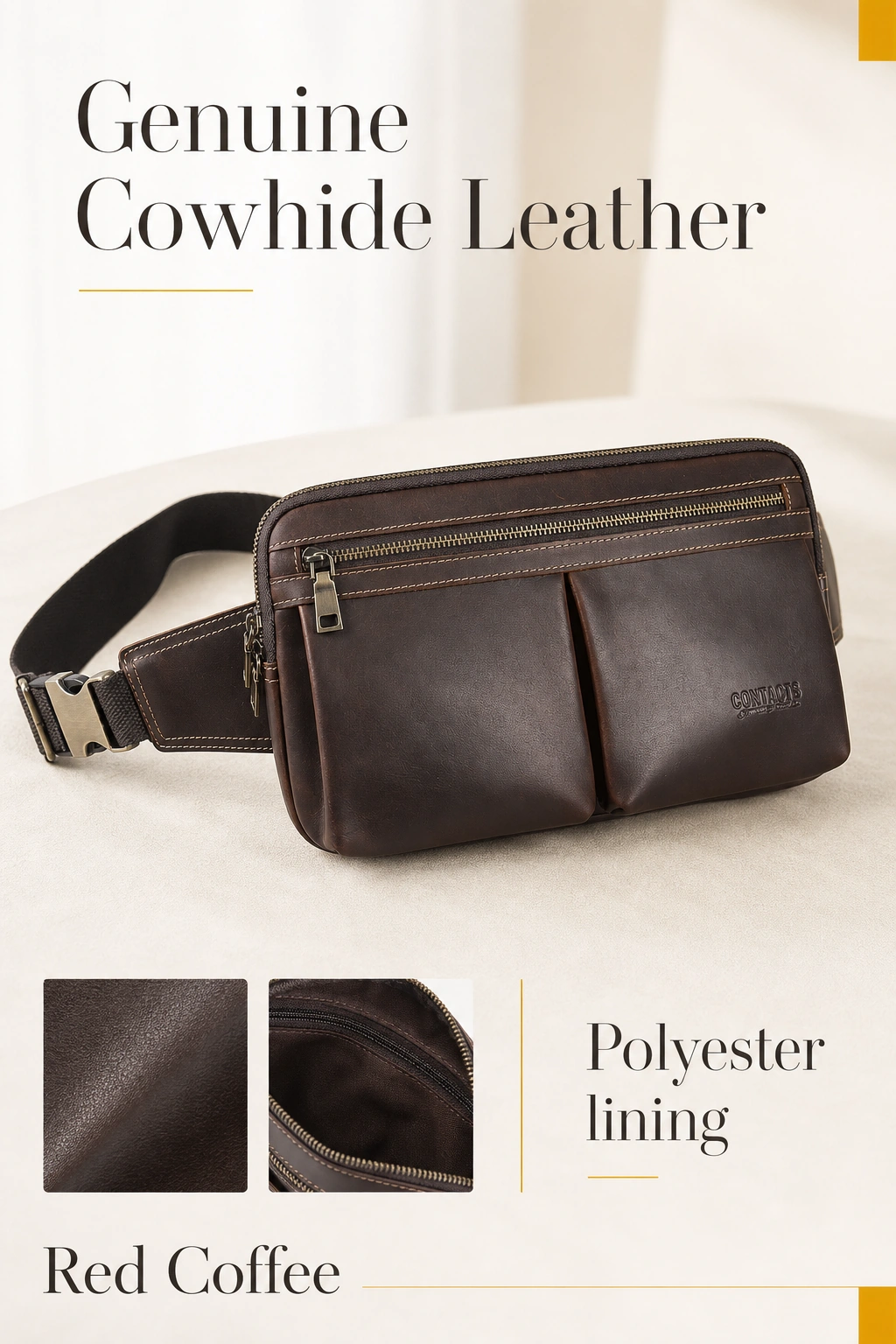 Graphic showing the Red Coffee bag with square close-ups of the cowhide exterior and polyester lining