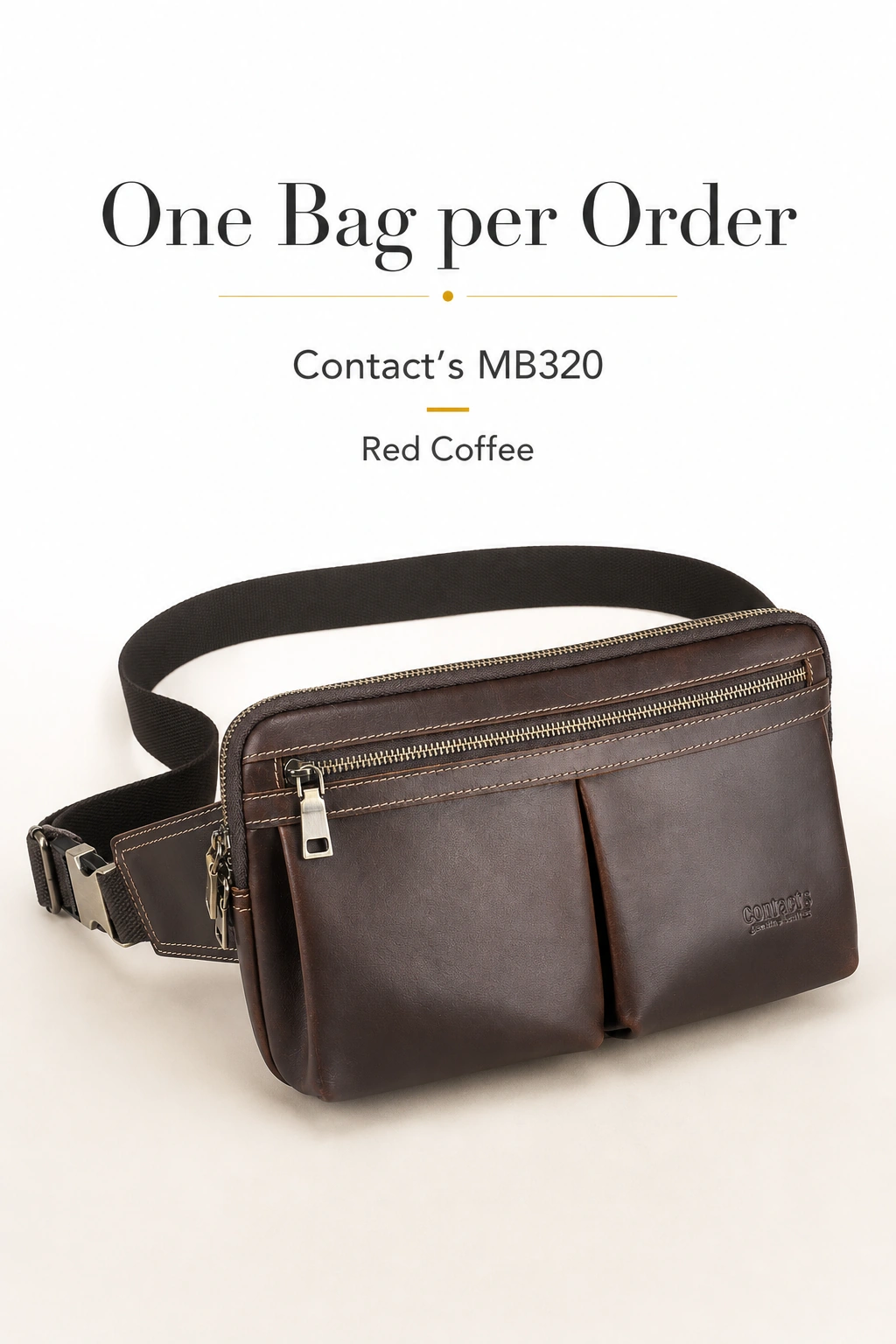 Contact's MB320 red coffee waist bag shown with the text one bag per order