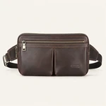 Front view of the red coffee waist bag with two front zip pockets and an attached strap