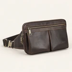 Angled front view of the red coffee waist bag with its attached strap
