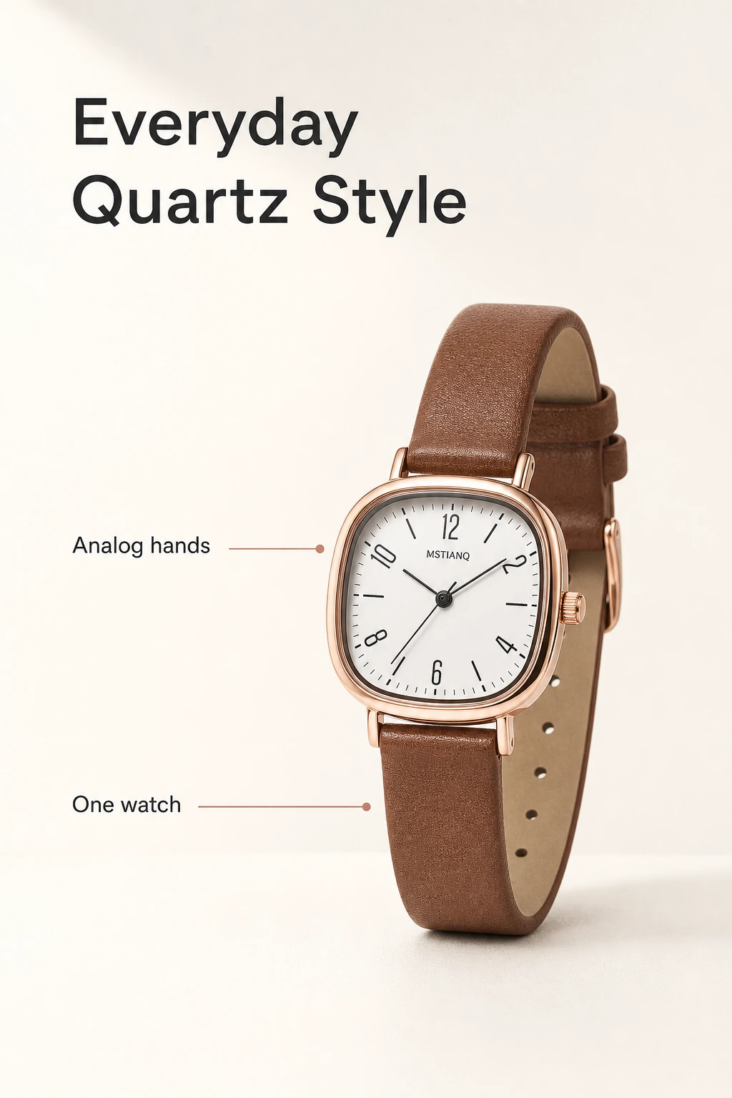 Brown watch with analog-hands and one-watch labels