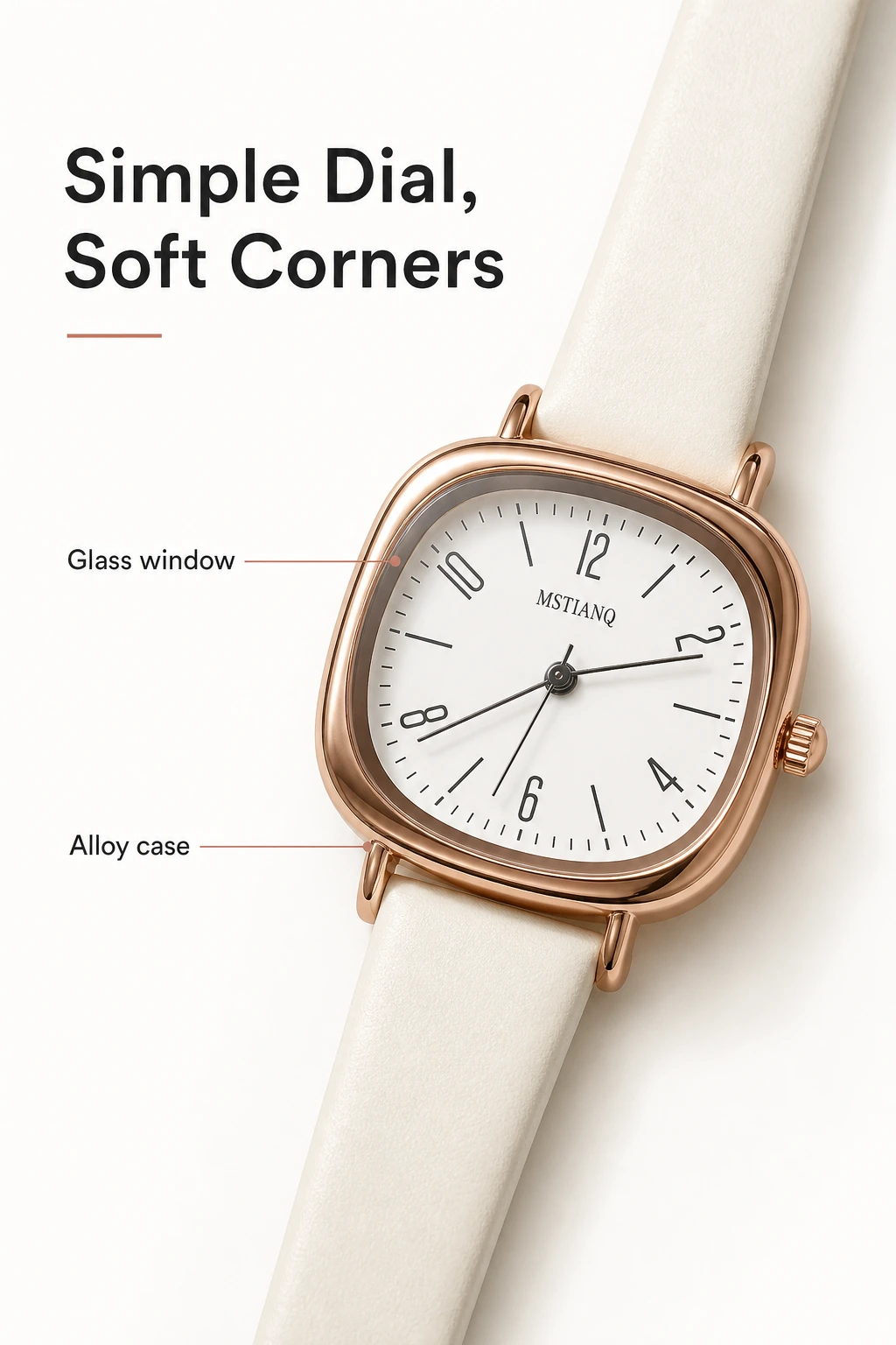 White watch dial close-up with glass-window and alloy-case labels