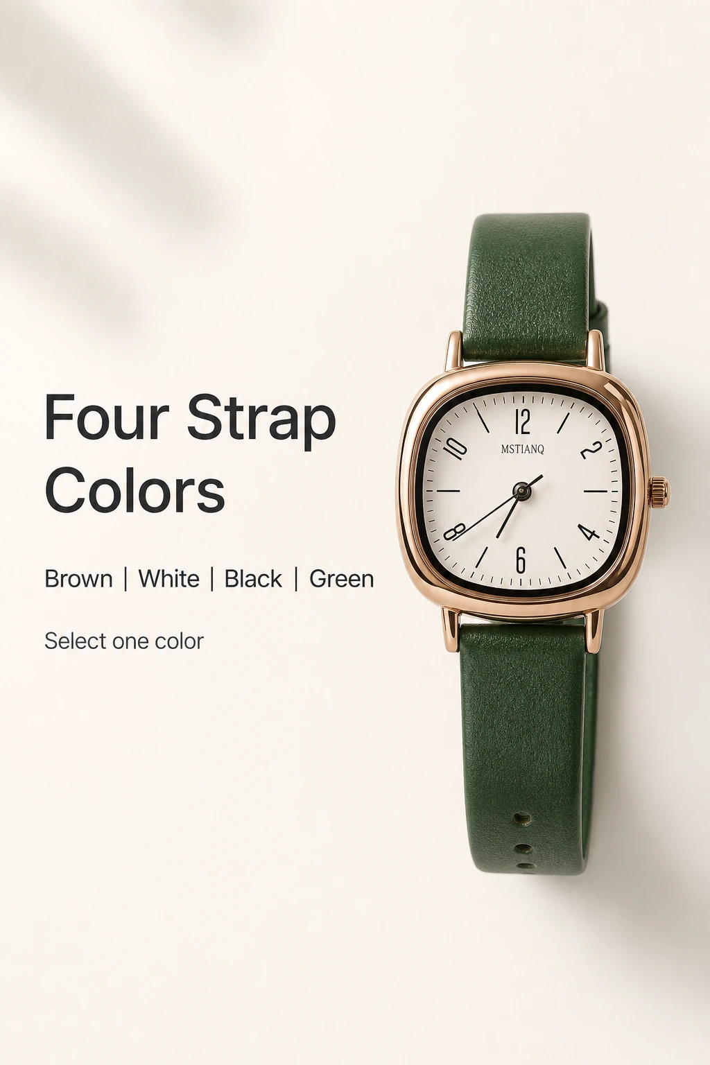 Green watch beside the four selectable strap color names