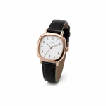 Black-strap watch angled to show the right-side crown
