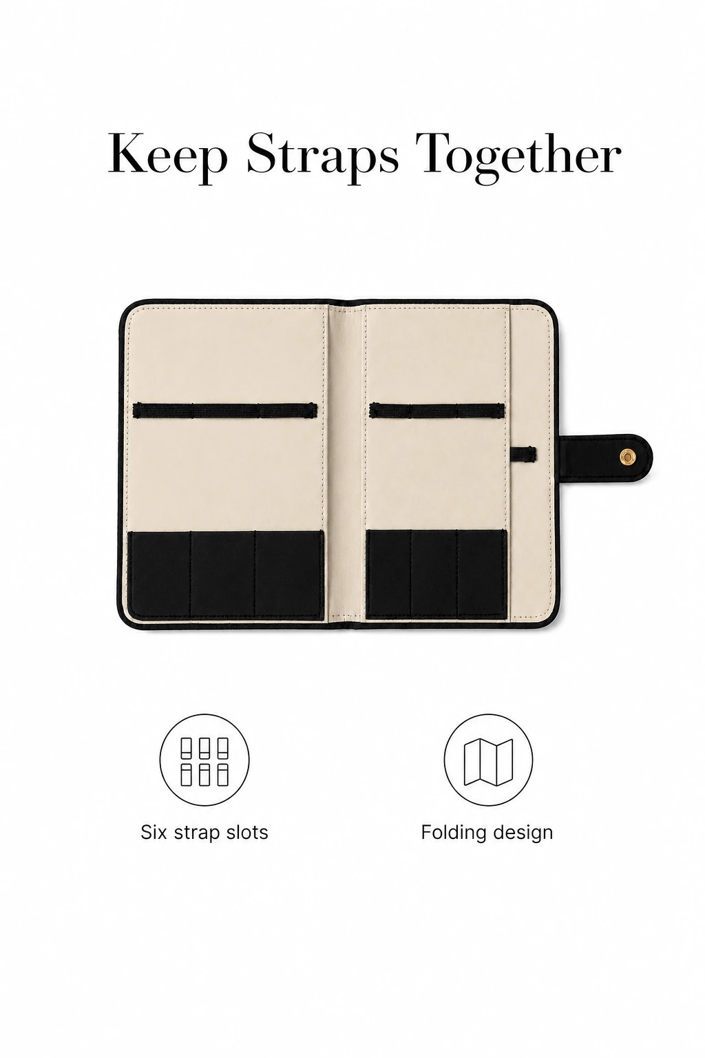 Open black PU watch strap pouch with six slots