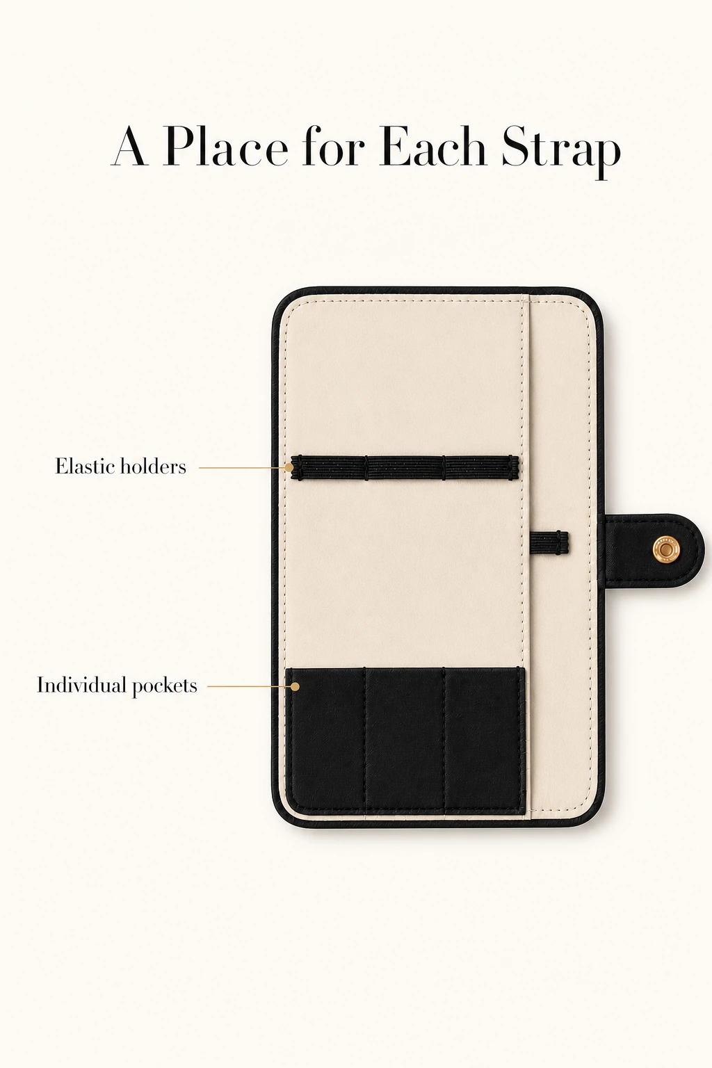 Three lower pockets and elastic holders in the pouch