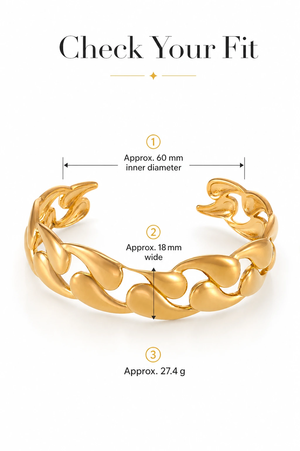 Armreifmaße: innen ca. 60 mm, Breite 18 mm und Gewicht 27,4 g