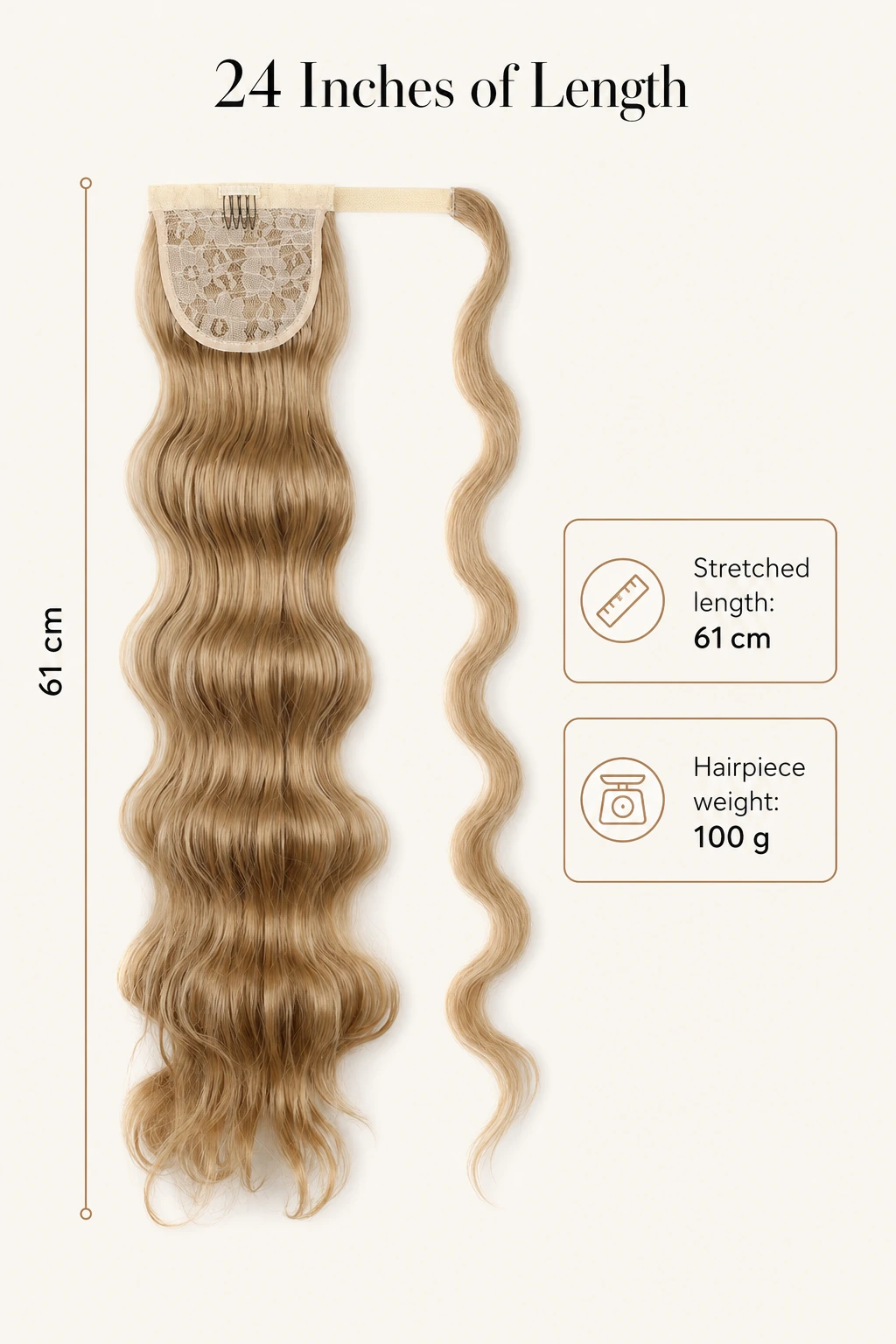 Gráfico de largo estirado y peso: 24 pulgadas, unos 61 cm y 100 g