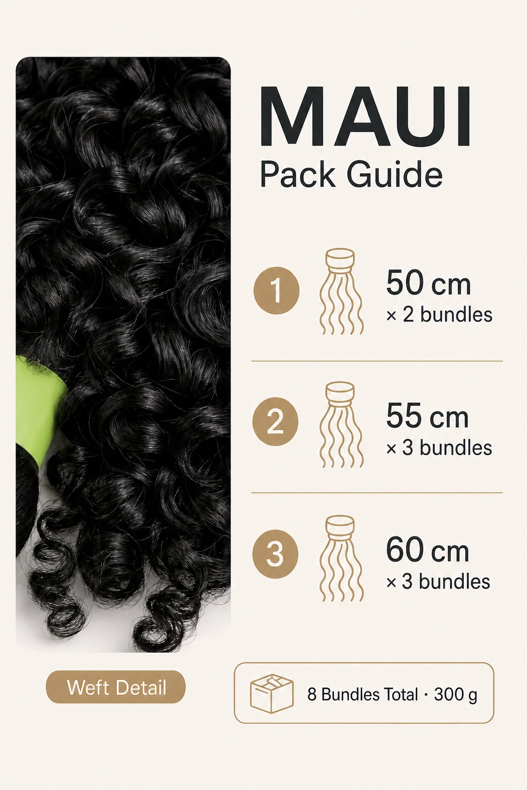 Guía MAUI de ocho mechones de 50, 55 y 60 cm, 300 g en total