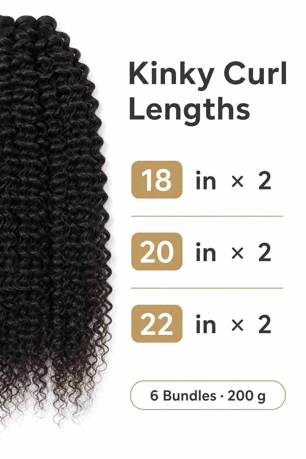 Guía Kinky curl con dos mechones de 18, 20 y 22 pulgadas, 200 g en total