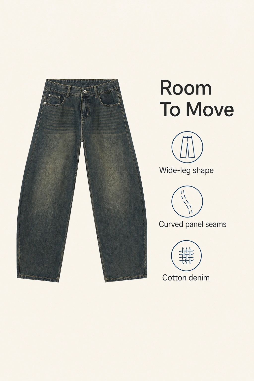 Jeans in Vintage von vorn neben Symbolen für weite Beine, geschwungene Teilungsnähte und Baumwolldenim.