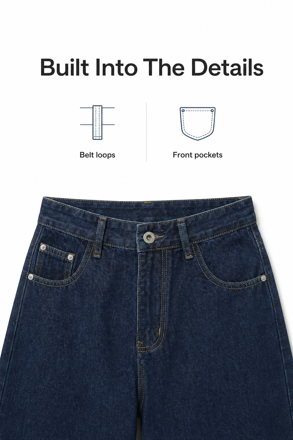 Bund der dunkelblauen Jeans mit Knopf, goldbraunen Nähten und Vordertaschen unter Symbolen für Gürtelschlaufen und Taschen.