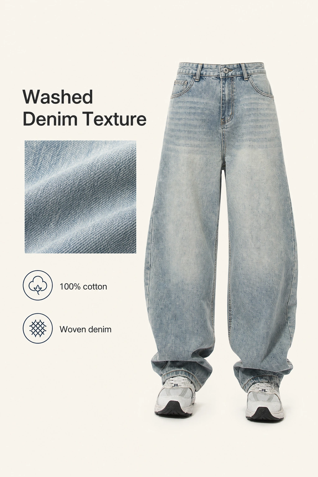 Hellblaue Jeans mit weitem Bein und Sneakern neben vergrößerter Denimstruktur und Angaben zu 100 % Baumwolle und gewebtem Denim.