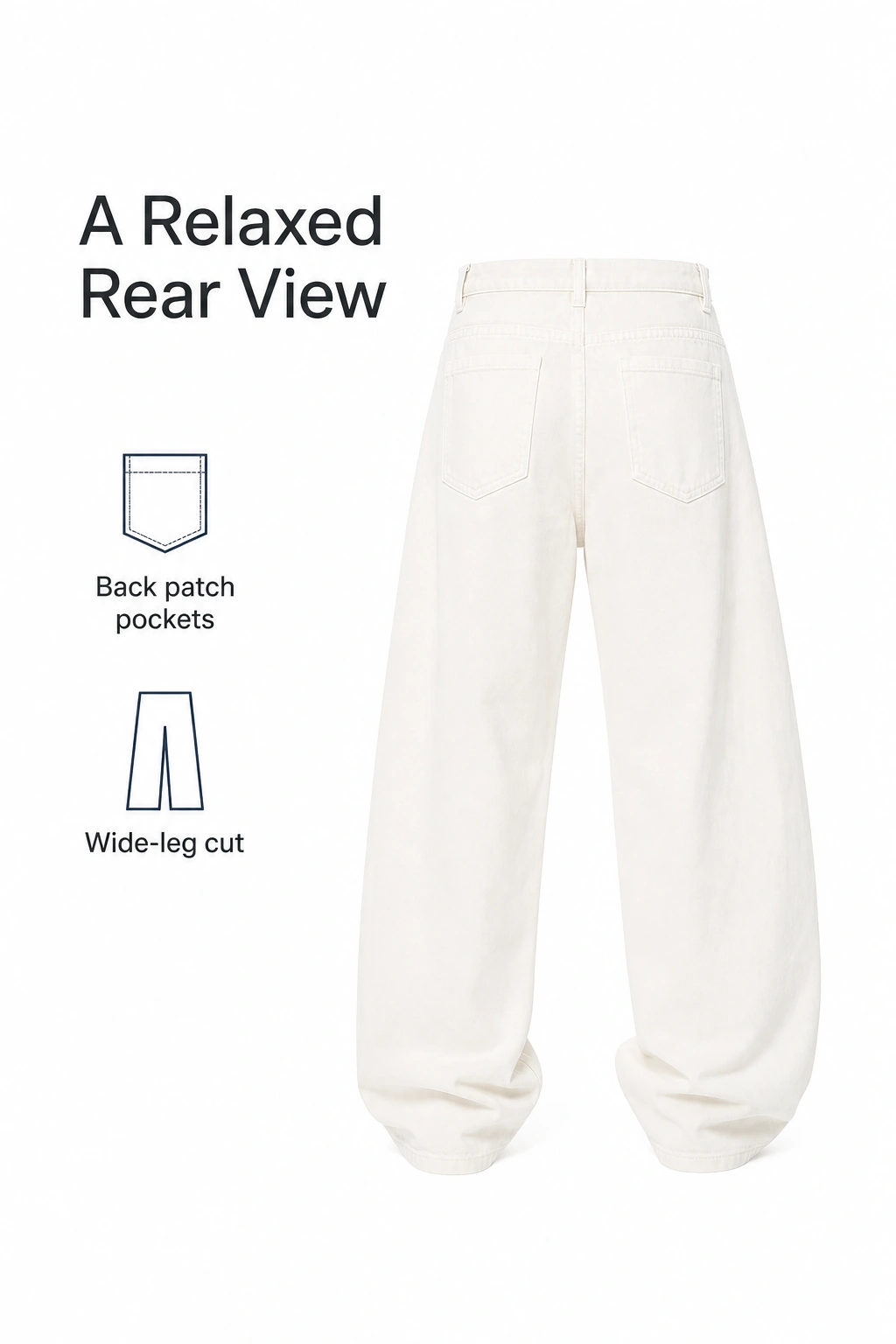 Weiße Jeans von hinten neben Illustrationen zu den zwei aufgesetzten Gesäßtaschen und dem weiten Beinschnitt.
