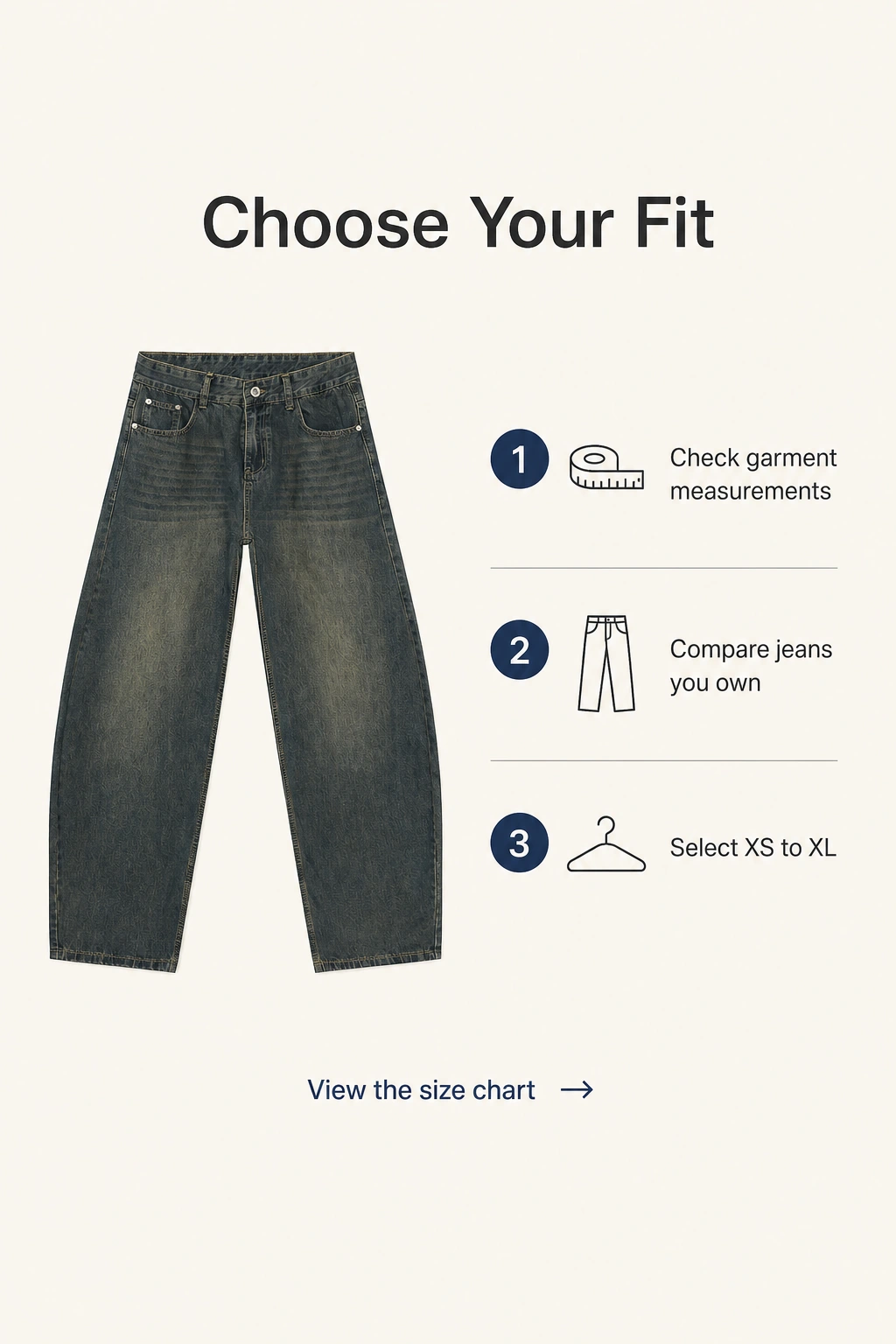 Jeans in Vintage neben drei Schritten zur Größenwahl: Kleidungsmaße prüfen, eigene Jeans vergleichen und XS bis XL wählen.