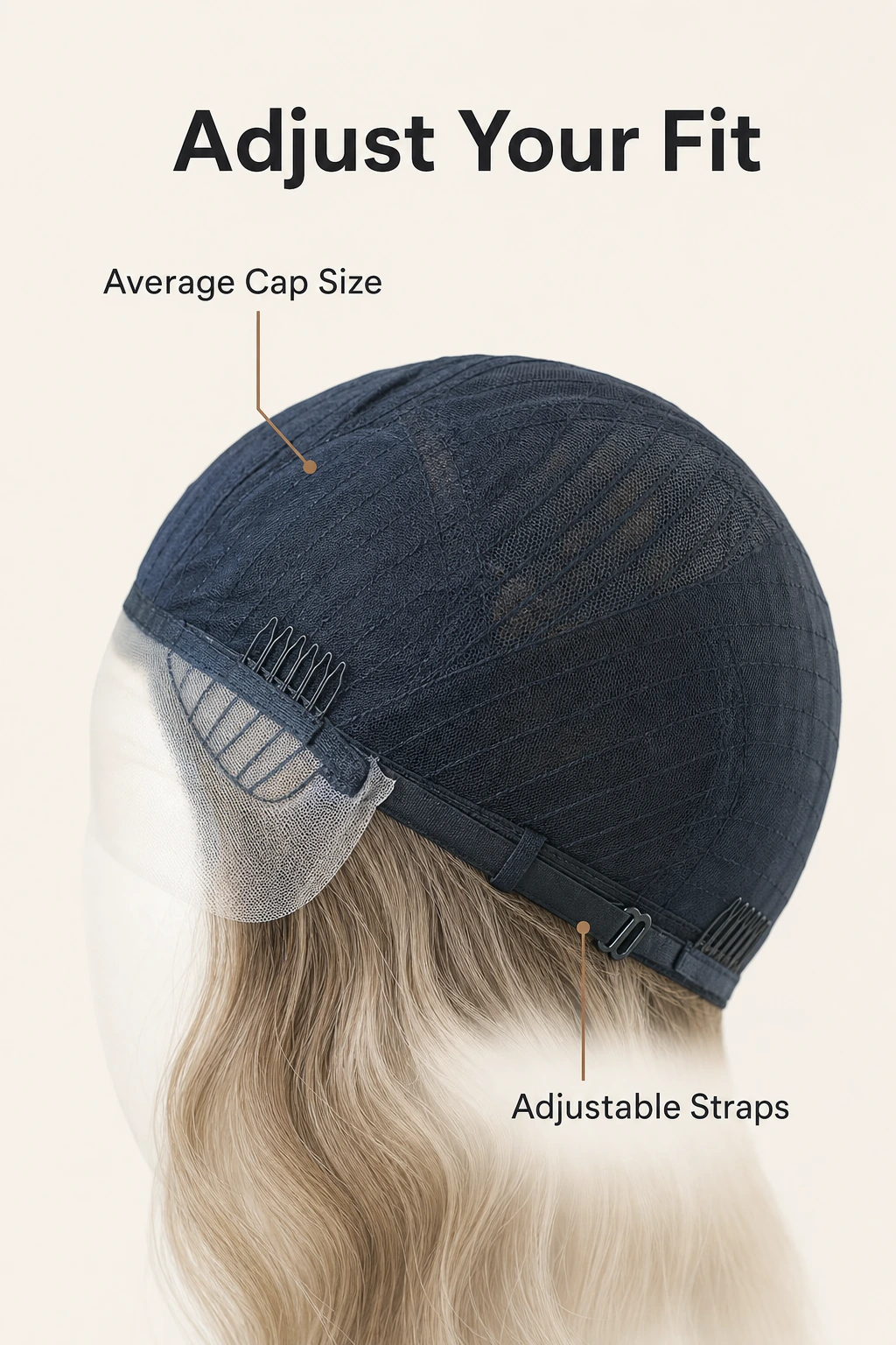 Interior del gorro con etiquetas de talla media y correas ajustables