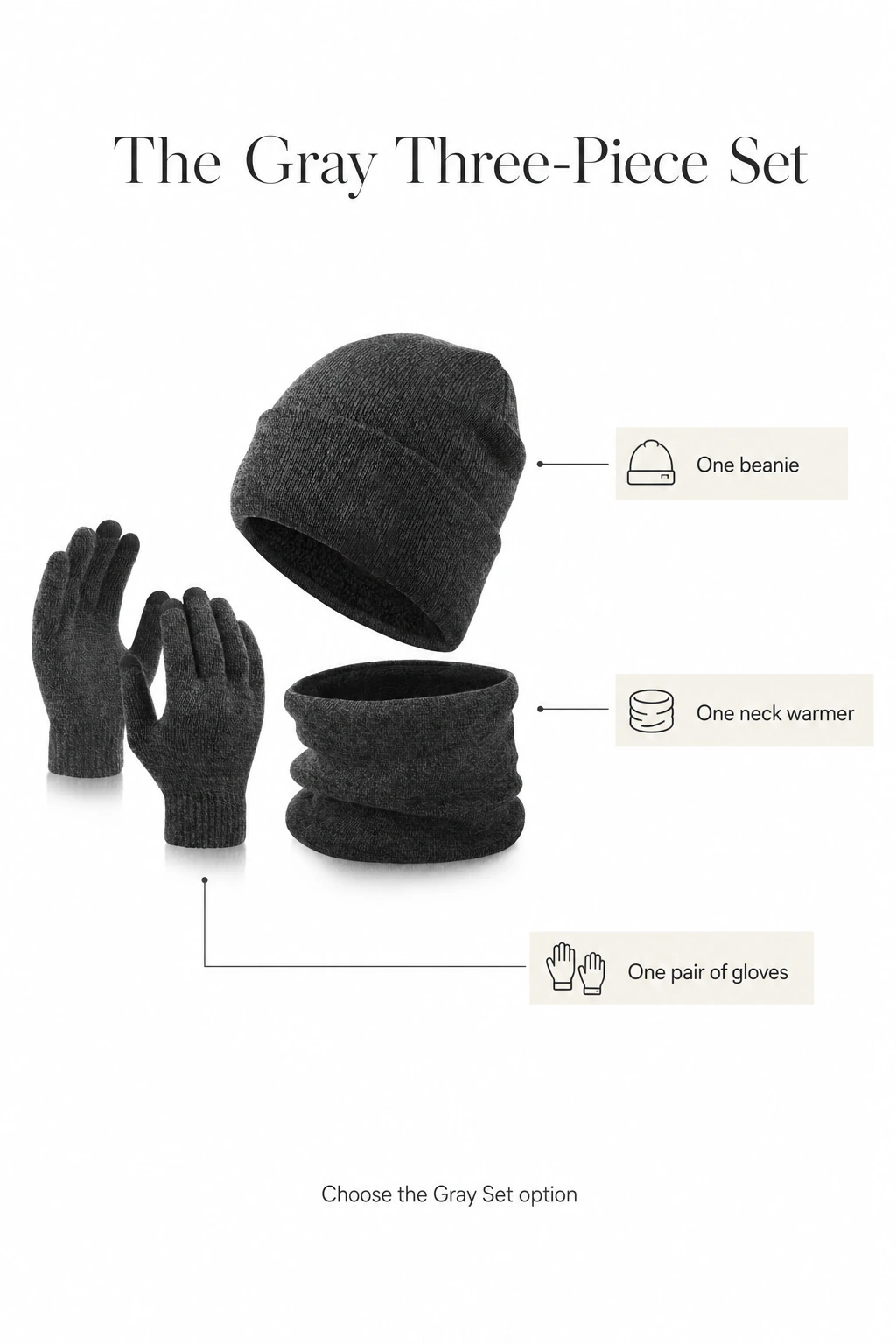 Gray winter set with labels for the beanie, neck warmer and glove pair