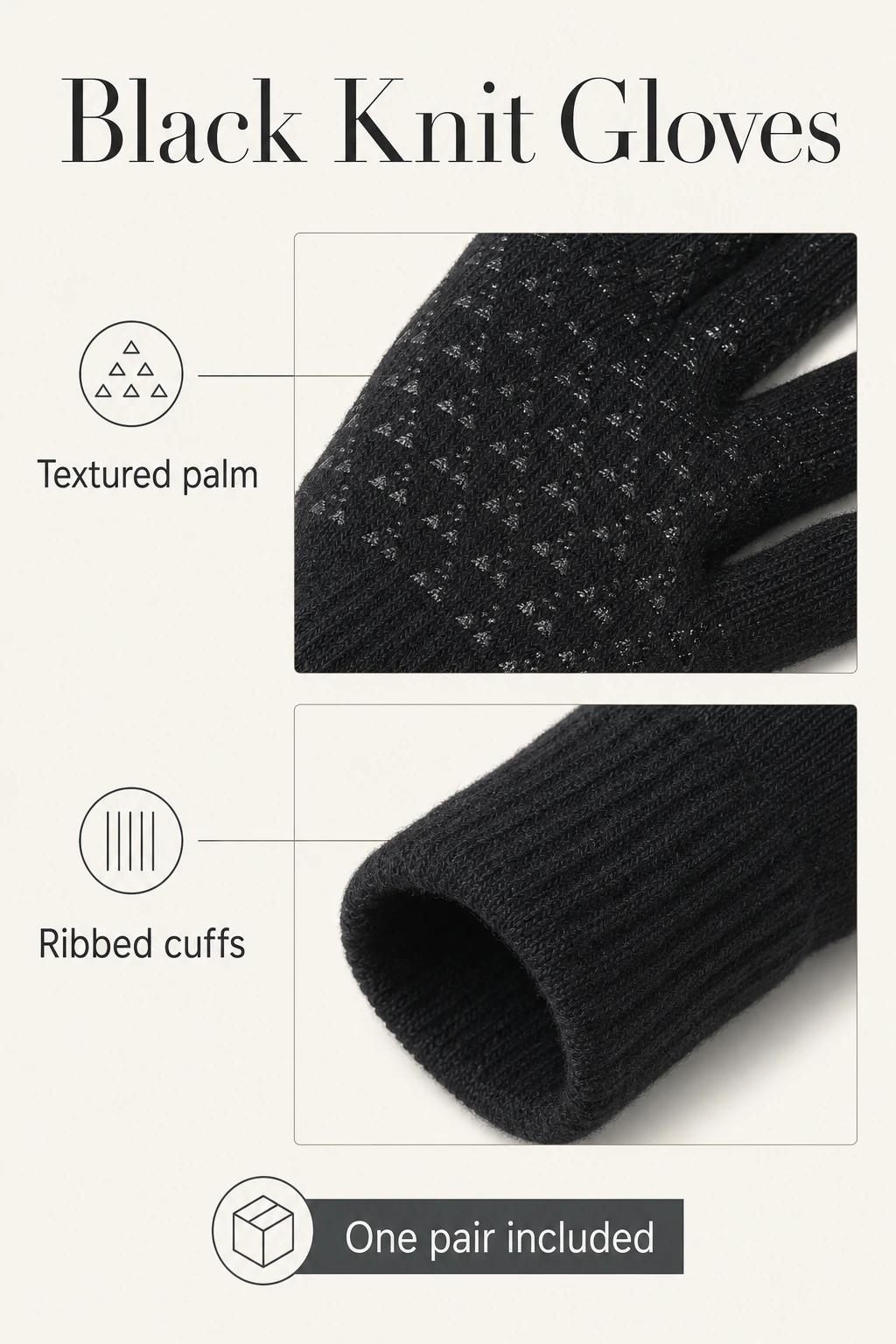 Black knit gloves showing textured palms and ribbed cuffs