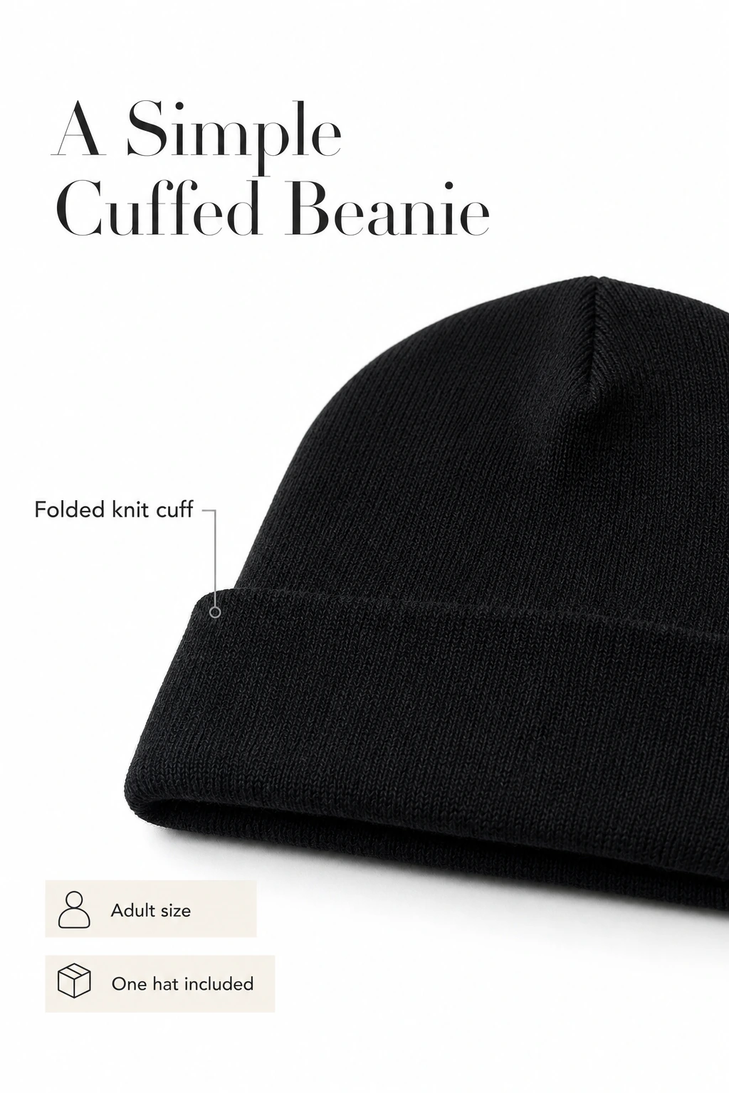 Black cuffed beanie with adult size and single-hat labels