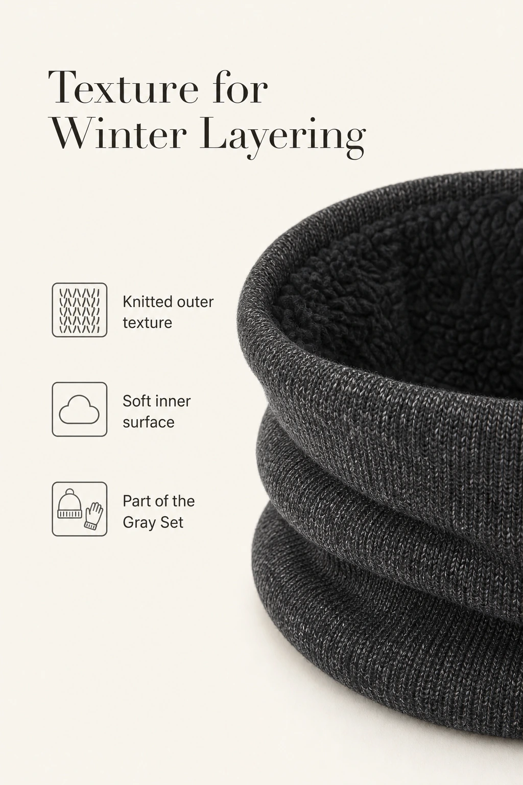 Gray neck warmer knit and inner surface detail