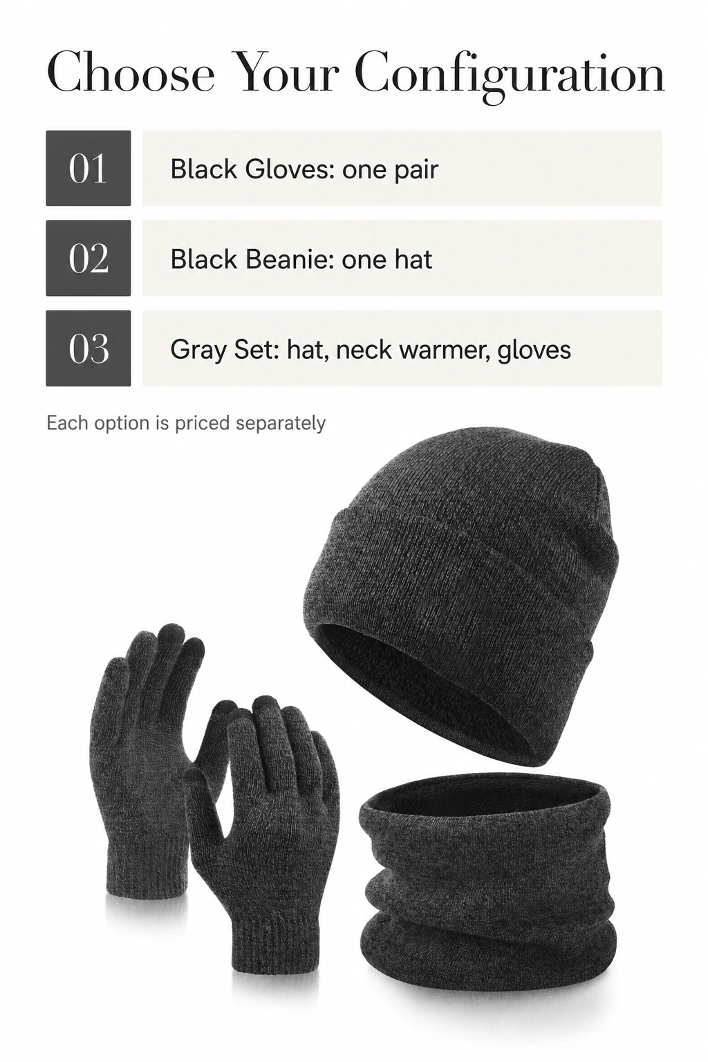 Winter accessory guide comparing gloves, beanie and gray set contents