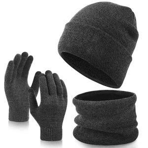 Winter Knit Gloves, Beanie & Gray Three-Piece Set