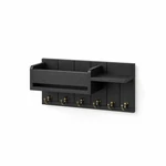 Schwarzer Wandorganizer mit Postfach, kleiner Seitenablage und sechs bronzefarbenen Haken